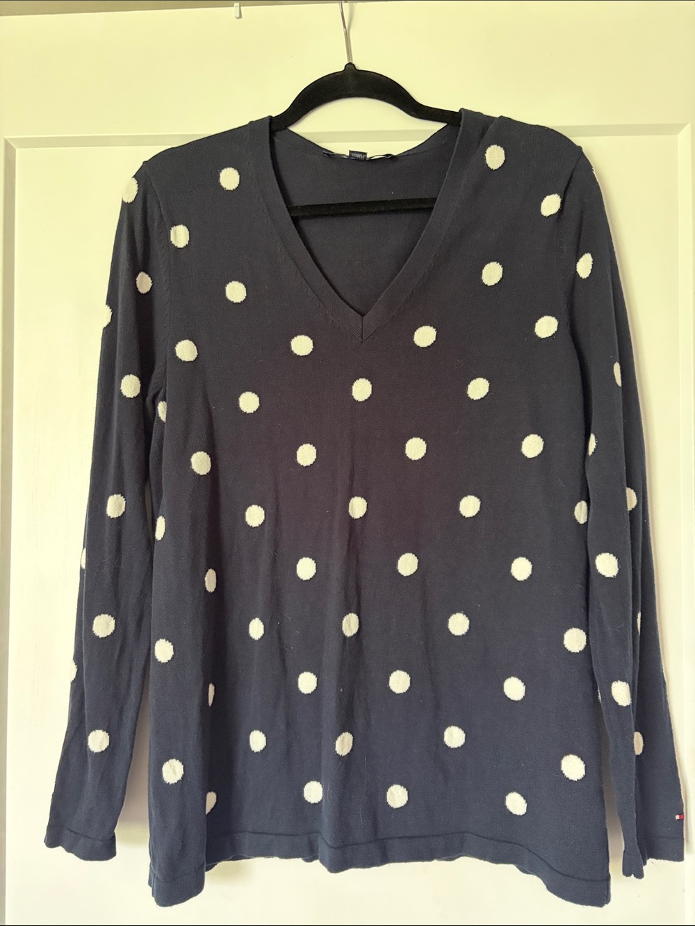 Tommy Hilfigure Navy Blue V-Neck Polka Dot Sweater Top